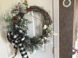 Black and White Flannel Bow with evergreens and a white bird