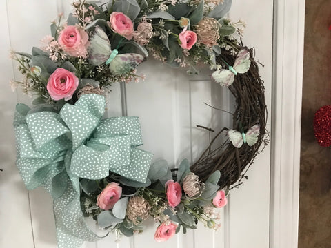 Three Soft Green Butterflies /Pink Ranunculus