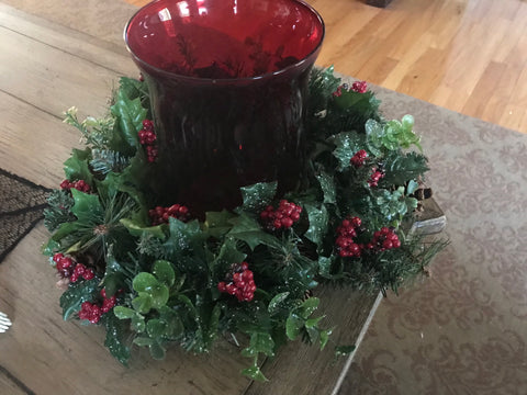 Traditional Winter Centerpiece /Red Glass Candleholder