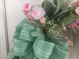 Pink Ranunculus/Three Butterflies/Light Turquoise Bow