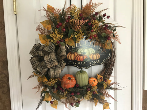 Welcome to Our Home/Pumpkins, Berries Fall Evergreens and Ferns