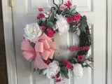White Peonies/Pink Welcome Sign