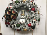 Snowman Wreath /Black Bow/Black Plaid Hat