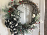 Black and White Flannel Bow with evergreens and a white bird