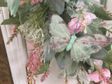 Pink Ranunculus/Three Butterflies/Light Turquoise Bow