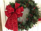 Red Velvet Bow/Evergreens/Boxwood