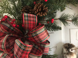 New England Evergreens/Plaid Bow/Red Berries/Baby Owl