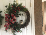 New England Evergreens/Plaid Bow/Red Berries/Baby Owl