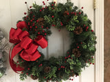 Evergreens/Boxwood:Red Satin Bow