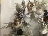 White Flocked Evergreen Wreath/Two Owls