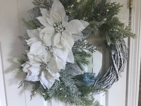 Three Snow Covered Poinsettias/Bluebird