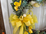 Yellow Tulips with a touch of Blue/chiffon bow/
