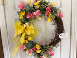 Yellow Tulips with a touch of Blue/chiffon bow/