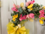 Yellow Tulips with a touch of Blue/chiffon bow/