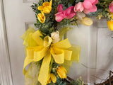 Yellow Tulips with a touch of Blue/chiffon bow/
