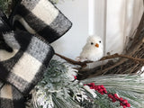 Black and White Flannel Bow with evergreens and a white bird