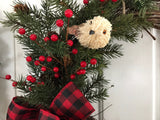 Buffalo Plaid Bow with evergreens, berries and two birds