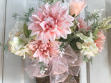 Pink Dahlias/Pink Chiffon Bow/Hanging Basket