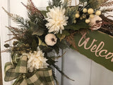 Cream Mums/Velvet Pumpkins/ Green Plaid Bow