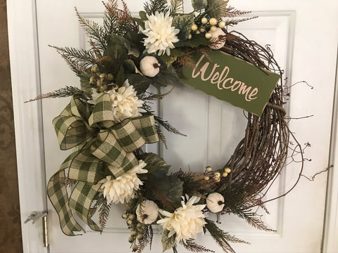 Cream Mums/Velvet Pumpkins/ Green Plaid Bow