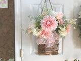 Pink Dahlias/Pink Chiffon Bow/Hanging Basket