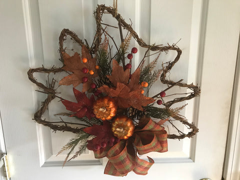 Maple Leaf Grapevine Wreath/Two Metallic Pumpkins