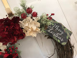 Cranberry and Cream Hydrangeas and a Merry Christmas Sign.