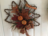 Maple Leaf Grapevine Wreath/Two Metallic Pumpkins