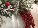 Red Grapevine Wreath /Snow covered Evergreens