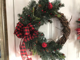 Buffalo plaid bow, Icy evergreens, Two red birds