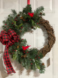 Buffalo plaid bow, Icy evergreens, Two red birds