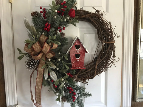 New England Winter Grapevine Wreath and a Birdhouse