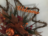 Maple Leaf Grapevine Wreath/Two Metallic Pumpkins