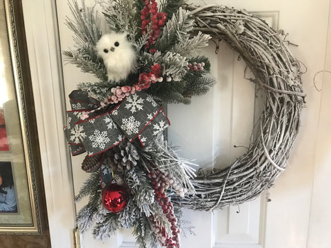 Grey and white snowflake ribbon and a baby white owl