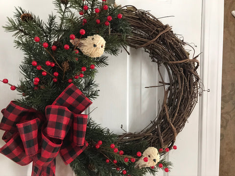 Buffalo Plaid Bow with evergreens, berries and two birds