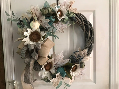 White Sunflowers on a Willow Wreath