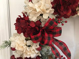 Cranberry and Cream Hydrangeas and a Merry Christmas Sign.