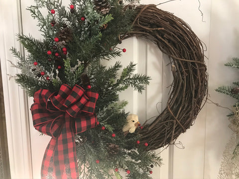 Buffalo Plaid Bow, Winter Evergreens, One Bird