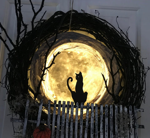 Halloween Black Cat on a Fence/Moon