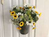 Cream and Yellow Sunflowers in a Hanging Galvanized Tin