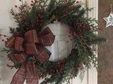 New England Evergreens, berries, pine cones/plaid bow