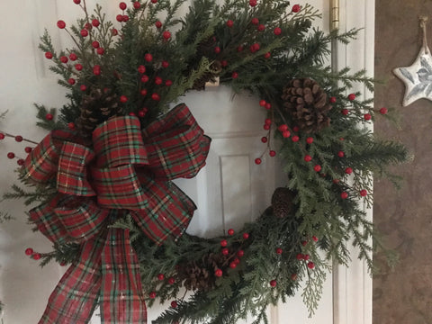 New England Evergreens, berries, pine cones/plaid bow