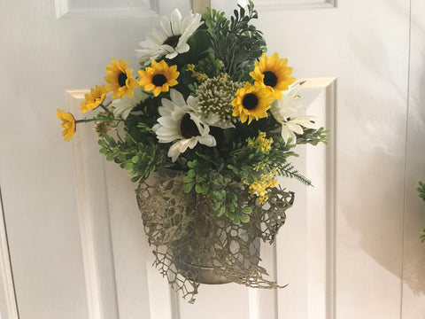 Cream and Yellow Sunflowers in a Hanging Galvanized Tin