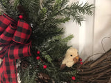 Buffalo Plaid Bow, Winter Evergreens, One Bird