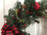 Buffalo plaid bow, Icy evergreens, Two red birds