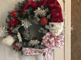 Red Hat Snowman in Evergreen Wreath