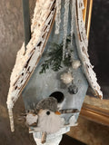 Wooden Winter Blue Birdhouse on a Pedestal