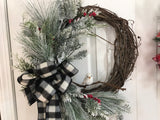 Black and White Flannel Bow with evergreens and a white bird