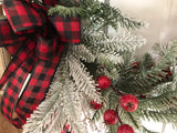 Red Grapevine Wreath /Snow covered Evergreens