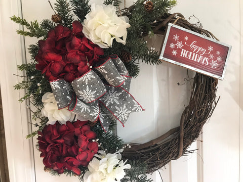 Cranberry and Cream Hydrangeas with Happy Holidays sign